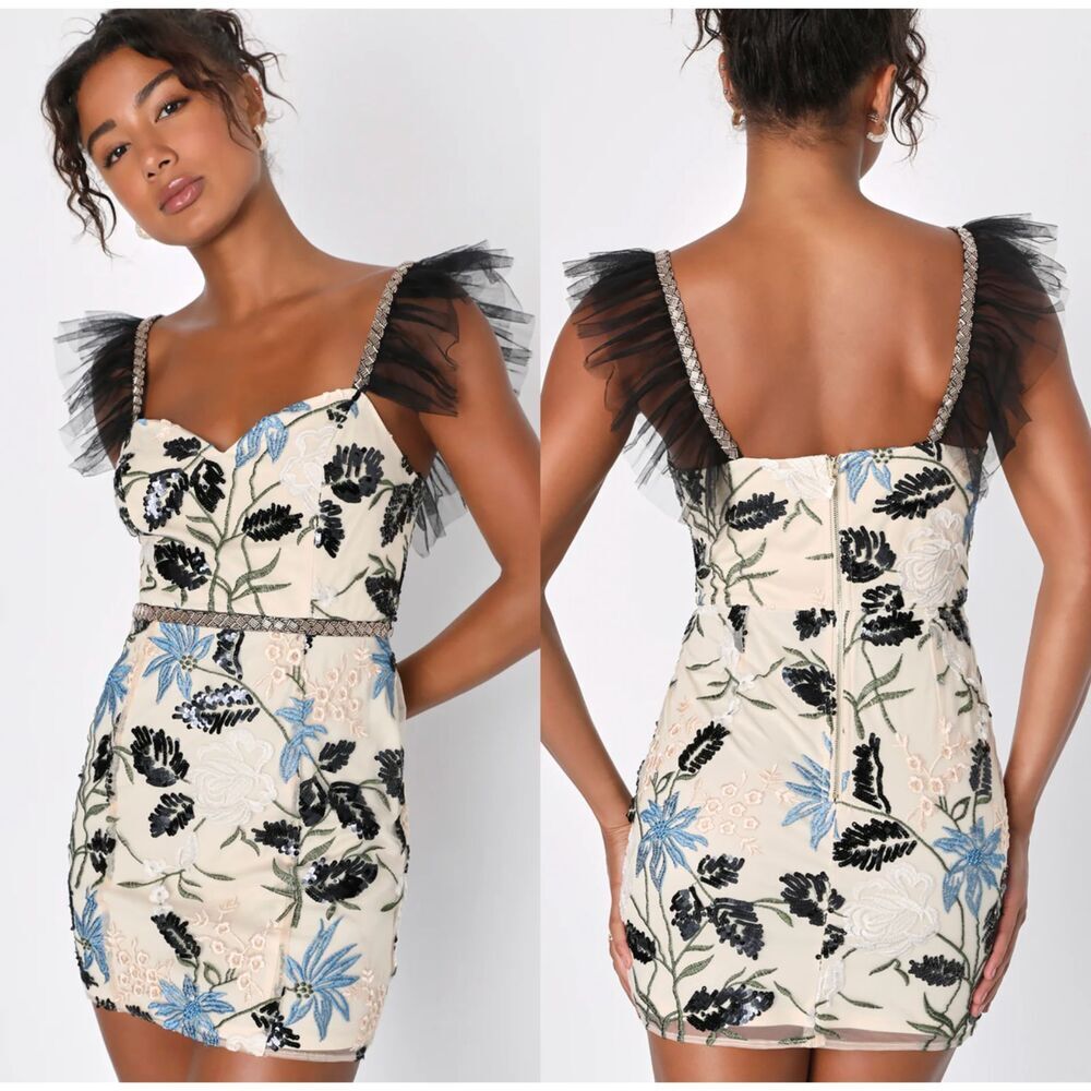 Lulus‎ Show Stopper Cream Embroidered Sequin Bodycon Mini Dress Size Medium
